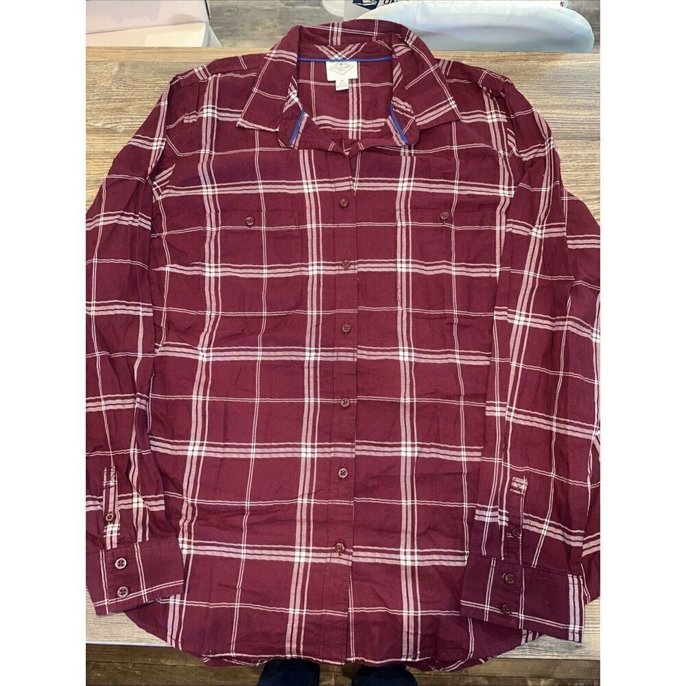 St Johns Bay Women XL Burgundy Plaid Ruffle Trim Long Sleeve Pullover Shirt. 9